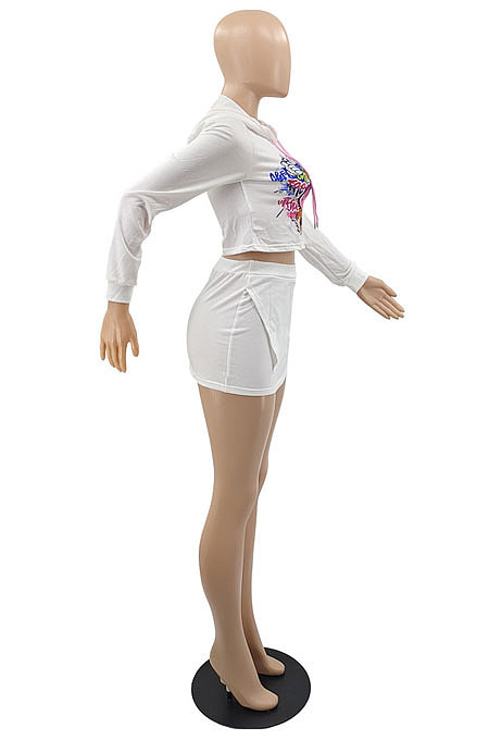 White Winter Pattern Printed Long Sleeve Hooded Mini Skirts Casual Sets YMM9086-1