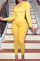 Yellow Casual Sports Cotton Blend Long Sleeve O Neck Backless Tops Skinny Pants Sets YMT6250-1