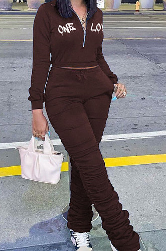 Coffee Wholesale Women's New Letter Embroidery Long Sleeve Zipper Tops High Waist Ruffle Pants Sets YMM9089-1
