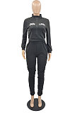 Coffee Wholesale Women's New Letter Embroidery Long Sleeve Zipper Tops High Waist Ruffle Pants Sets YMM9089-1