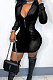 Black New Luxe Velvet Long Sleeve Zip Front Collect Waist Solid Color Hip Dress YMM9088-1