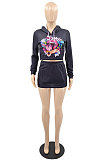 Black Winter Pattern Printed Long Sleeve Hooded Mini Skirts Casual Sets YMM9086-2