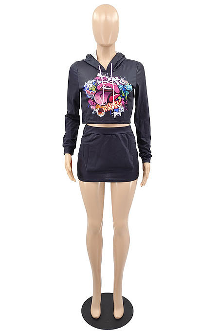 Black Winter Pattern Printed Long Sleeve Hooded Mini Skirts Casual Sets YMM9086-2