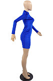 Grey New Luxe Velvet Long Sleeve Zip Front Collect Waist Solid Color Hip Dress YMM9088-4