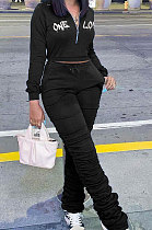 Black Wholesale Women's New Letter Embroidery Long Sleeve Zipper Tops High Waist Ruffle Pants Sets YMM9089-2