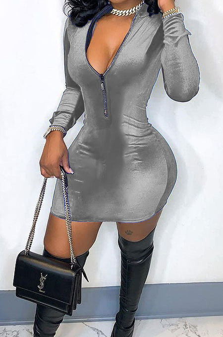 Grey New Luxe Velvet Long Sleeve Zip Front Collect Waist Solid Color Hip Dress YMM9088-4