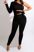 Black Women Solid Color Sexy One Shoulder Tied Dew Waist Bodycon Pants Sets BYQ3111