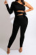 Black Women Solid Color Sexy One Shoulder Tied Dew Waist Bodycon Pants Sets BYQ3111