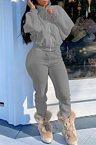 Gray Women Fleece Velvet Pure Color Long Sleeve Zipper Sport Casual Pants Sets NK265-3