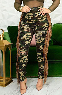Grass Green Casual Camouflage Printed Hole Tassel Slim Fitting Jean Pants CM2161-2