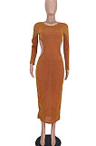 Purple Euramerican Women Fashion Sexy Dew Waist Perspectivity Round Collar Mid Waist Midi Dress ED8530-1