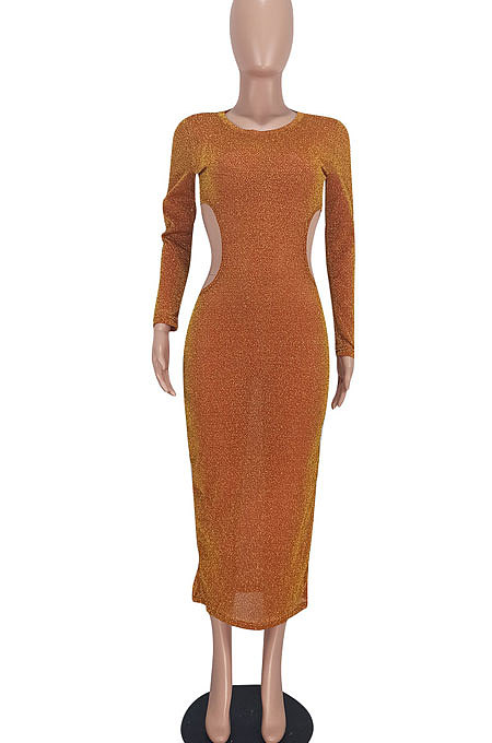 Purple Euramerican Women Fashion Sexy Dew Waist Perspectivity Round Collar Mid Waist Midi Dress ED8530-1