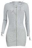 Gray Women Long Sleeve Hoodie Pure Color Zipper Bodycon Ribber Mini Dress ED8529-1