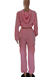 Black Women Pure Color Casual Zipper Hoodie Top Side Pocket Pants Sets DY6677-4