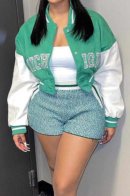Cyan Casual Sport Webbing Spliced Letter Printed Baseball Jacket Coat LSZ91192-3