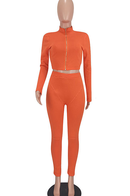 Black Women Pure Color Long Sleeve Zipper Sexy Sport Bodycon Pants Sets ED8528-2