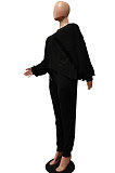 Black Modest New Puff Sleeve Irregularity Hoodie Tops Jogger Pants Plain Color Suit CM2165-5