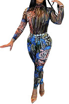 Blue Women Autumn Winter Tiger Printing Mesh Spaghetti Pants Sets BYQ3112