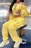Yellow Women Pure Color Casual Zipper Hoodie Top Side Pocket Pants Sets DY6677-2