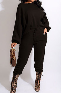 Black Modest New Puff Sleeve Irregularity Hoodie Tops Jogger Pants Plain Color Suit CM2165-5