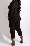 Black Modest New Puff Sleeve Irregularity Hoodie Tops Jogger Pants Plain Color Suit CM2165-5