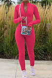Rose Red Women Pure Color Long Sleeve Zipper Sexy Sport Bodycon Pants Sets ED8528-3