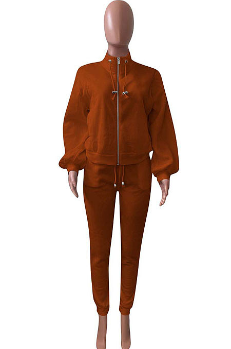 White Women Fleece Velvet Pure Color Long Sleeve Zipper Sport Casual Pants Sets NK265-1