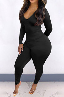Black New Cotton Blend Long Sleeve Back Drawsting Ruffle Slim Fitting Jumpsuits BBN212-3