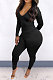 Black New Cotton Blend Long Sleeve Back Drawsting Ruffle Slim Fitting Jumpsuits BBN212-3