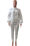 Pink Women Fleece Velvet Pure Color Long Sleeve Zipper Sport Casual Pants Sets NK265-2