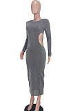 Brown Euramerican Women Fashion Sexy Dew Waist Perspectivity Round Collar Mid Waist Midi Dress ED8530-3