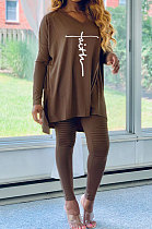 Coffee Euramerican Women Letters Printing Irregular V Collar Ruffle Casual Pants Sets DY66181-1