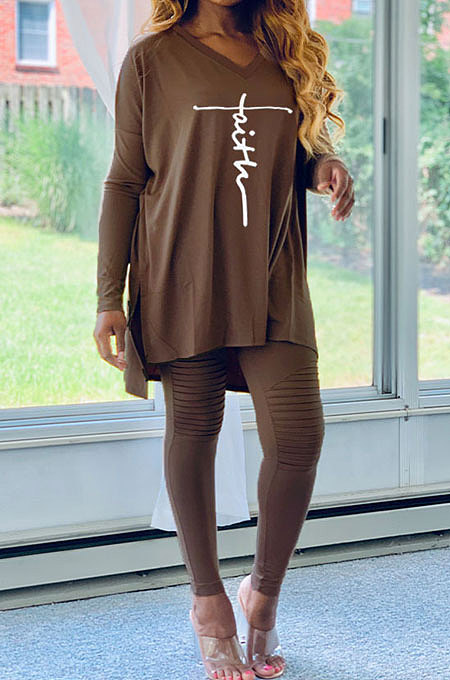 Coffee Euramerican Women Letters Printing Irregular V Collar Ruffle Casual Pants Sets DY66181-1