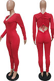 Brown  New Cotton Blend Long Sleeve Back Drawsting Ruffle Slim Fitting Jumpsuits BBN212-5