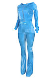 Wholesale-product | Pink Women Solid Color Pleuche Casual Hoodie Zipper Wide Leg Pants Sets ED8527-1