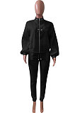 Pink Women Fleece Velvet Pure Color Long Sleeve Zipper Sport Casual Pants Sets NK265-2