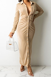 Khaki Women Fashion Sexy Long Sleeve Solid Color Shirred Detail Single-Breasted Tight T Shirt/Shirt Dress DY6950-1