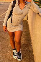 Gray Women Long Sleeve Hoodie Pure Color Zipper Bodycon Ribber Mini Dress ED8529-1
