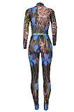 Blue Women Autumn Winter Tiger Printing Mesh Spaghetti Pants Sets BYQ3112