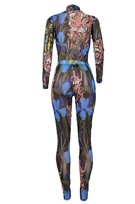Blue Women Autumn Winter Tiger Printing Mesh Spaghetti Pants Sets BYQ3112