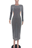 Brown Euramerican Women Fashion Sexy Dew Waist Perspectivity Round Collar Mid Waist Midi Dress ED8530-3