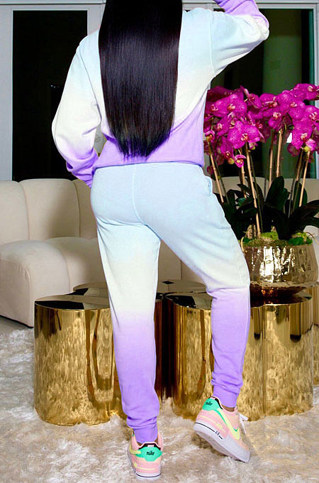 Pink Simple Gradient Printed Long Sleeve Loose Hoodie Tops Jogger Pants Sets BBN215-3