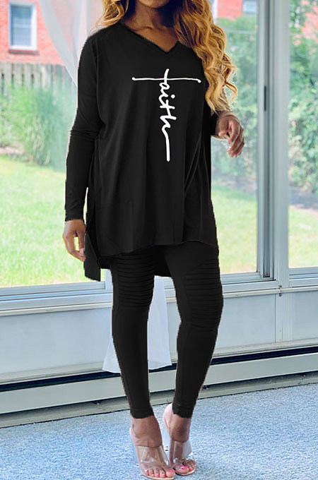 Black Euramerican Women Letters Printing Irregular V Collar Ruffle Casual Pants Sets DY66181-3