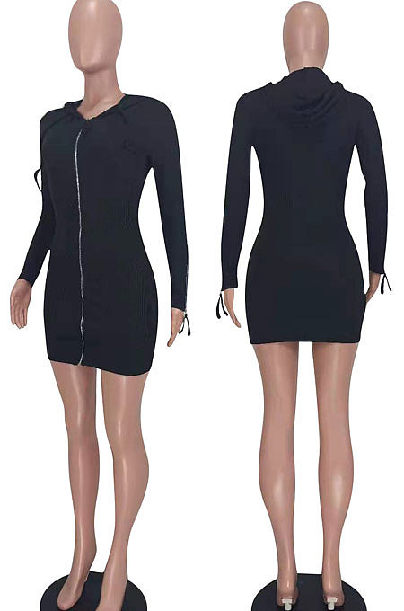 Gray Women Long Sleeve Hoodie Pure Color Zipper Bodycon Ribber Mini Dress ED8529-1