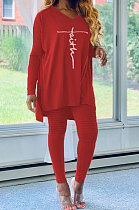 Wine Red Euramerican Women Letters Printing Irregular V Collar Ruffle Casual Pants Sets DY66181-4