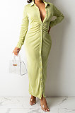 Khaki Women Fashion Sexy Long Sleeve Solid Color Shirred Detail Single-Breasted Tight T Shirt/Shirt Dress DY6950-1