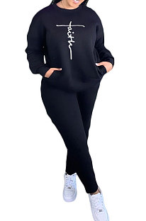 Black Women Letters Printing Solid Color Pullover Pants Sets DY66301-3