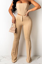 Khaki Sexy Night Club Pure Color Zip Back Strapless Flare Pants Slim Fitting Suit CM2162-8