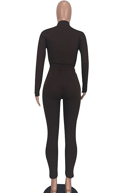 Orange Women Pure Color Long Sleeve Zipper Sexy Sport Bodycon Pants Sets ED8528-1