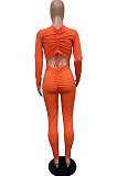 Brown  New Cotton Blend Long Sleeve Back Drawsting Ruffle Slim Fitting Jumpsuits BBN212-5